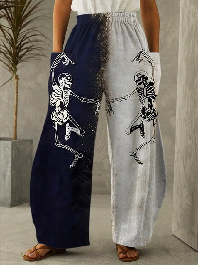 Women's Dancing Skull Print Comfort Wide Leg Pants