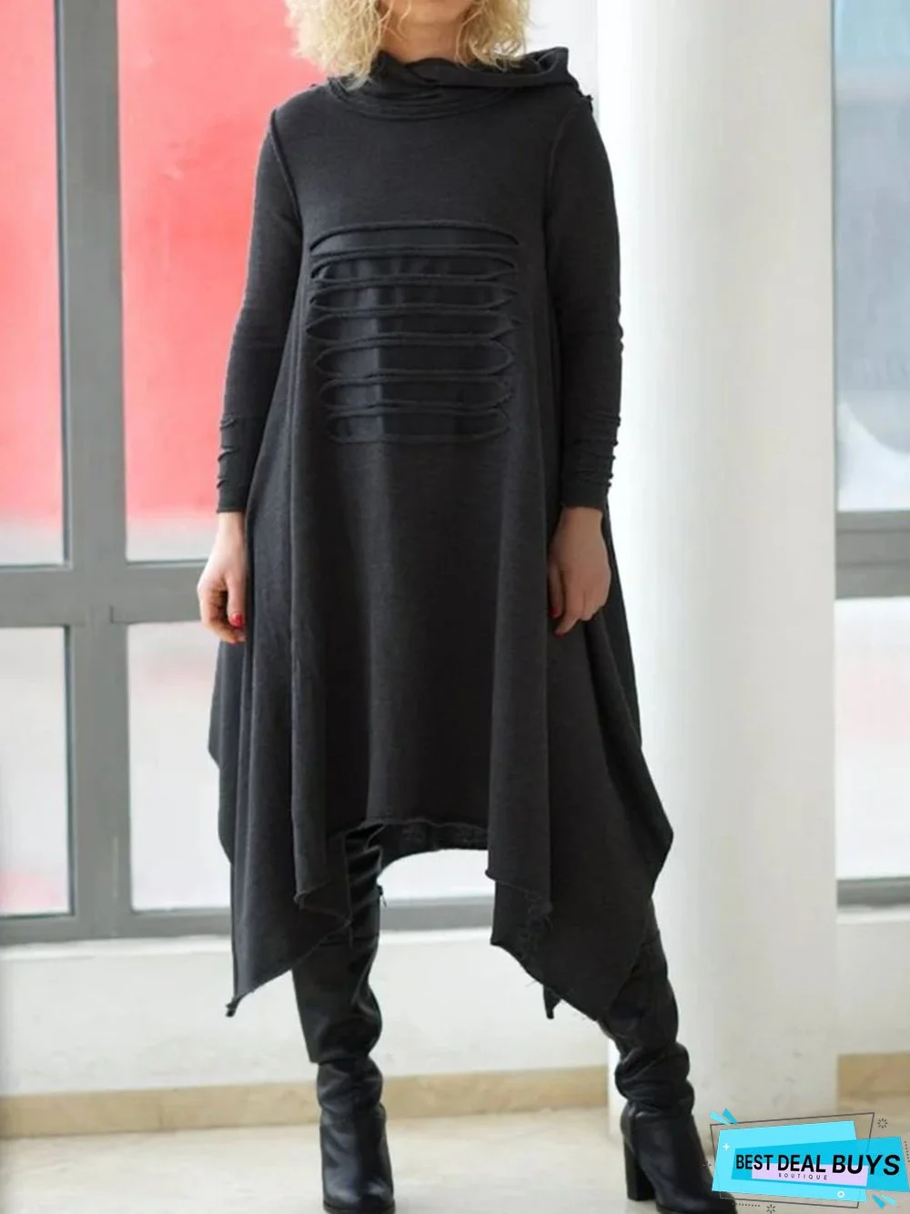 Black Hoodie Plain Casual Knitting Dress