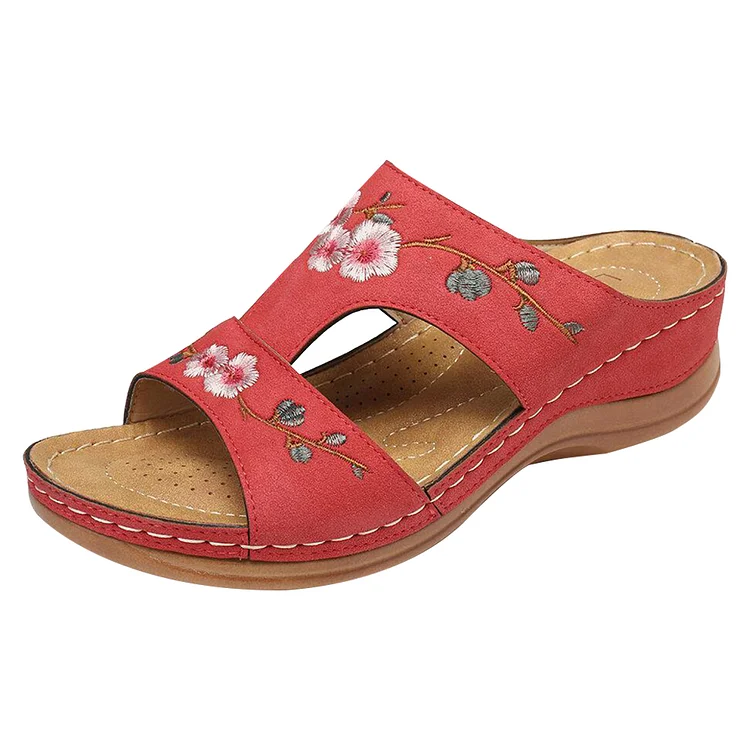 Fashion Women Flower Embroidered Hollow Sandals Summer Wedge Heel Slippers-Annaletters