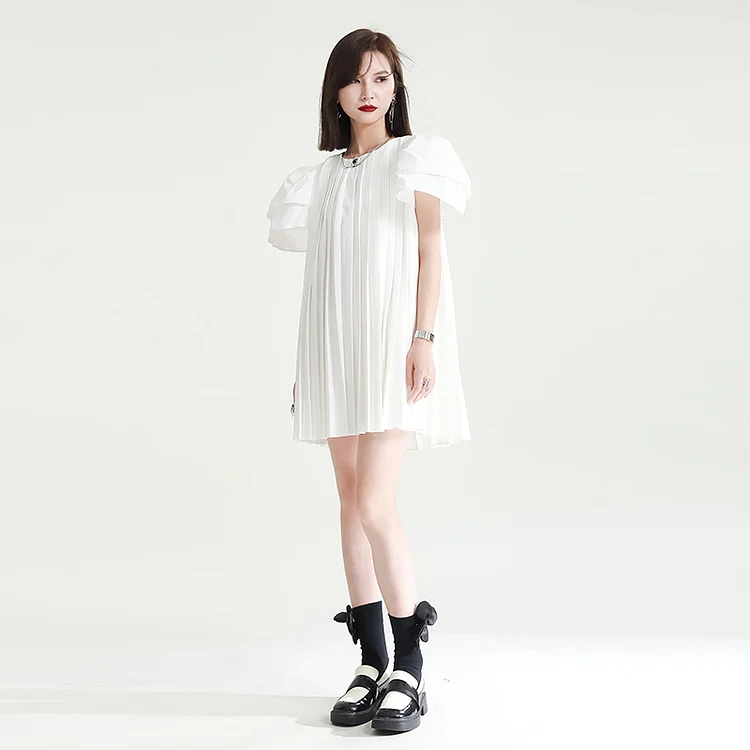Loose Pleated Puff Sleeve Mini Dress - yankia