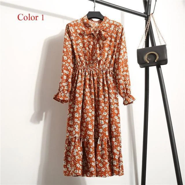 Chiffon High Elastic Waist Party Dress Bow A-line Full Sleeve Flower Print Bohemian Dress