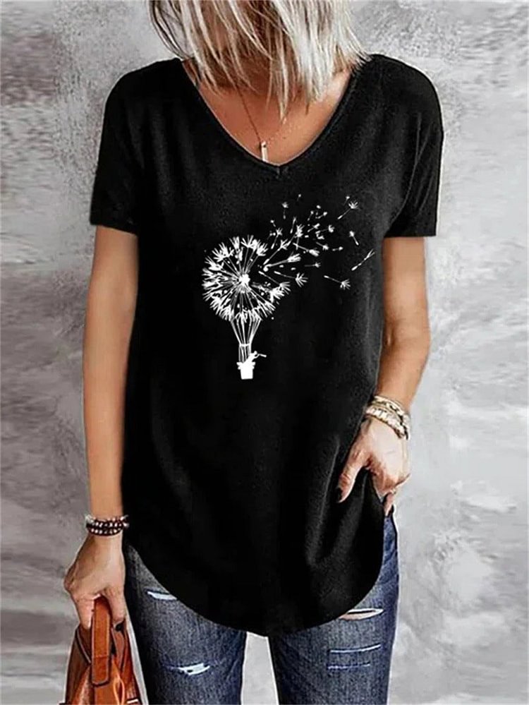 women's dandelion print short-sleeved V-neck T-shirt socialshop