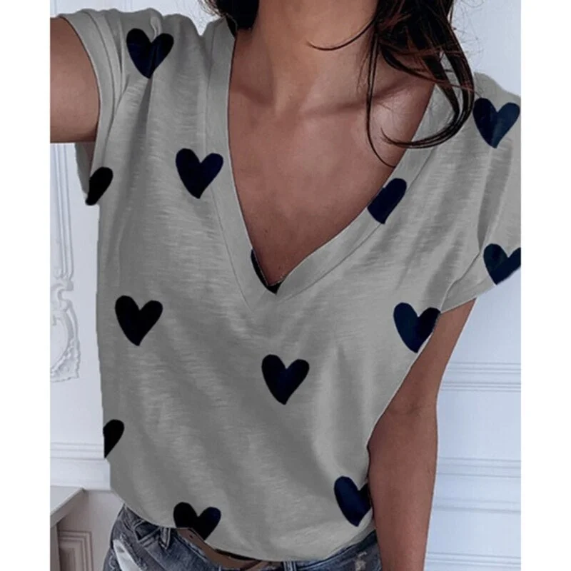 Heart Print Women Shirt Blouse Plus Size 2020 Casual Summer Short Sleeve Loose Shirt Ladies Streetwear Tops Blusa Clothing