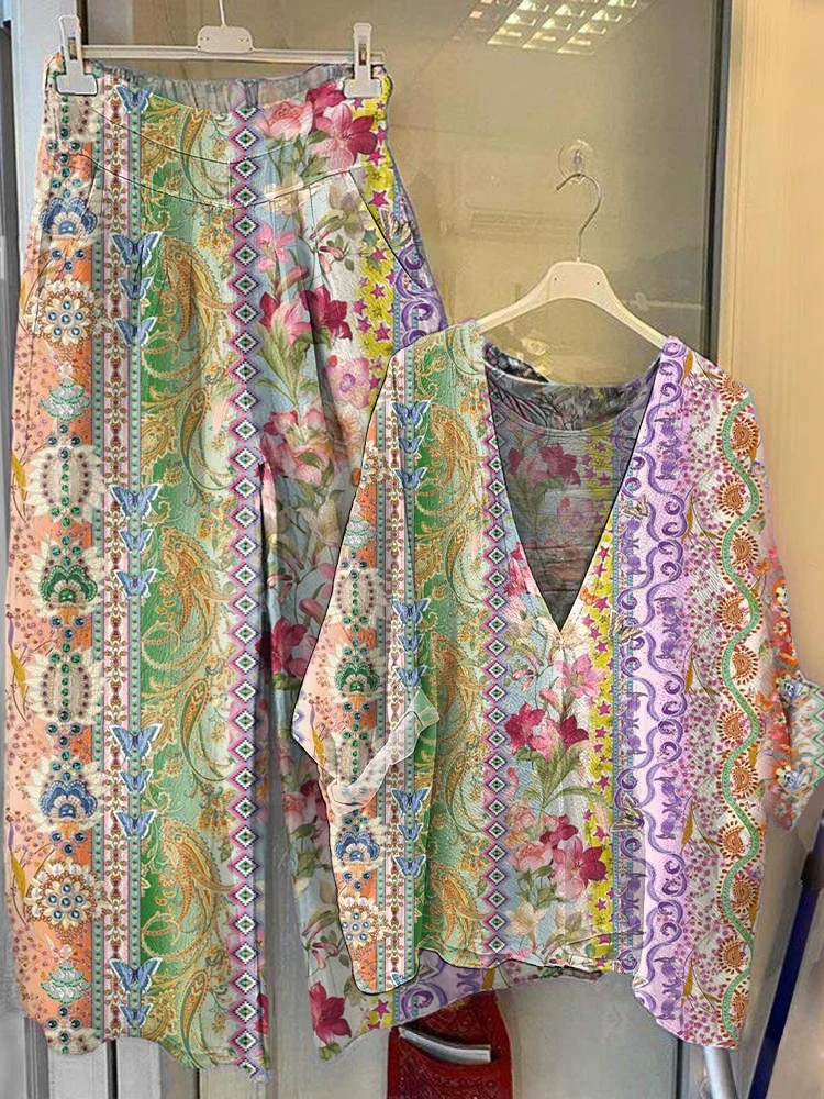 Women's Vintage Floral Art Printed V-Neck Top Wide-Leg Pants Cotton Linen Suit