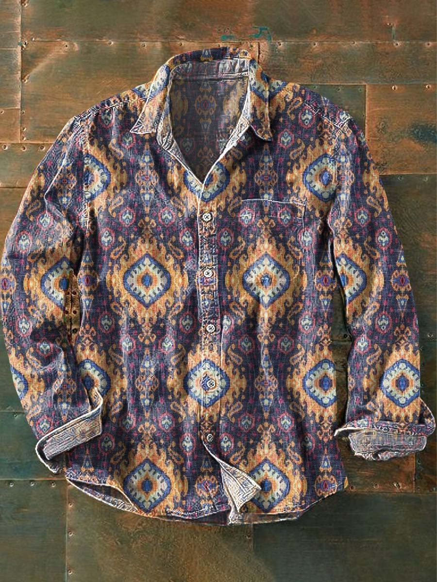 Men's Retro Geometric Print Lapel Long Sleeve Shirt