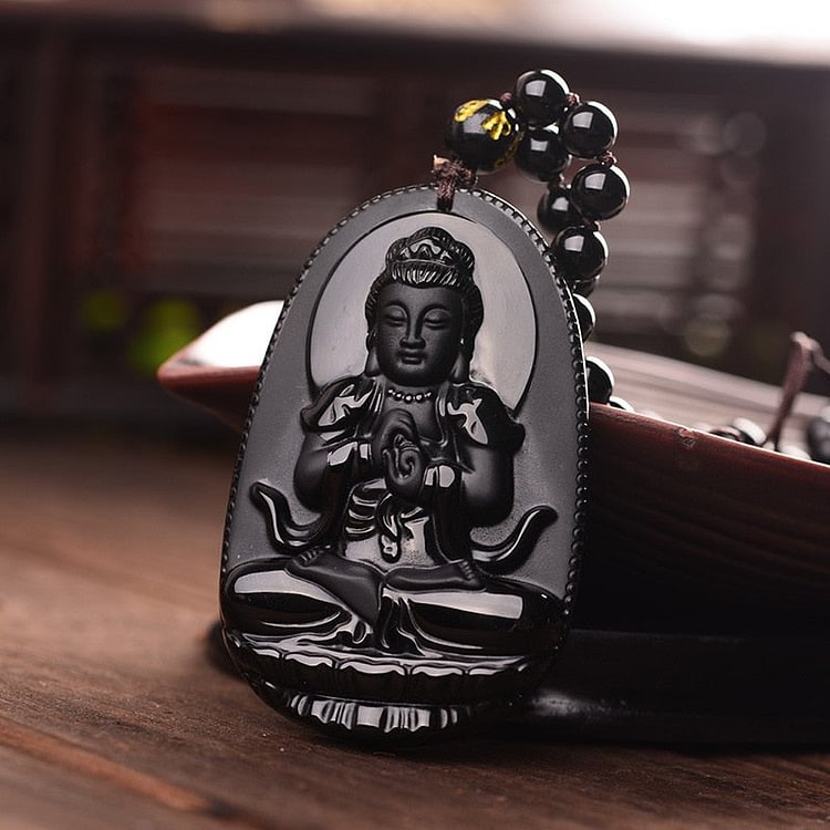 YOY-Black Obsidian Carved Buddha Pendant Necklace
