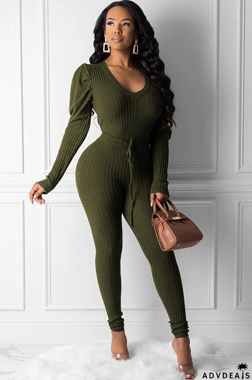 Army Green Polyester Casual Solid Patchwork Two Piece Suits pencil Long Sleeve Two-piece Pants Set
