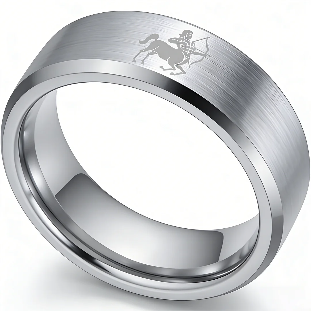 Beveled Edges Sliver Laser Etched Tungsten Carbide Rings Sliver Sagittarius Couple Wedding Bands 4MM 6MM 8MM Width