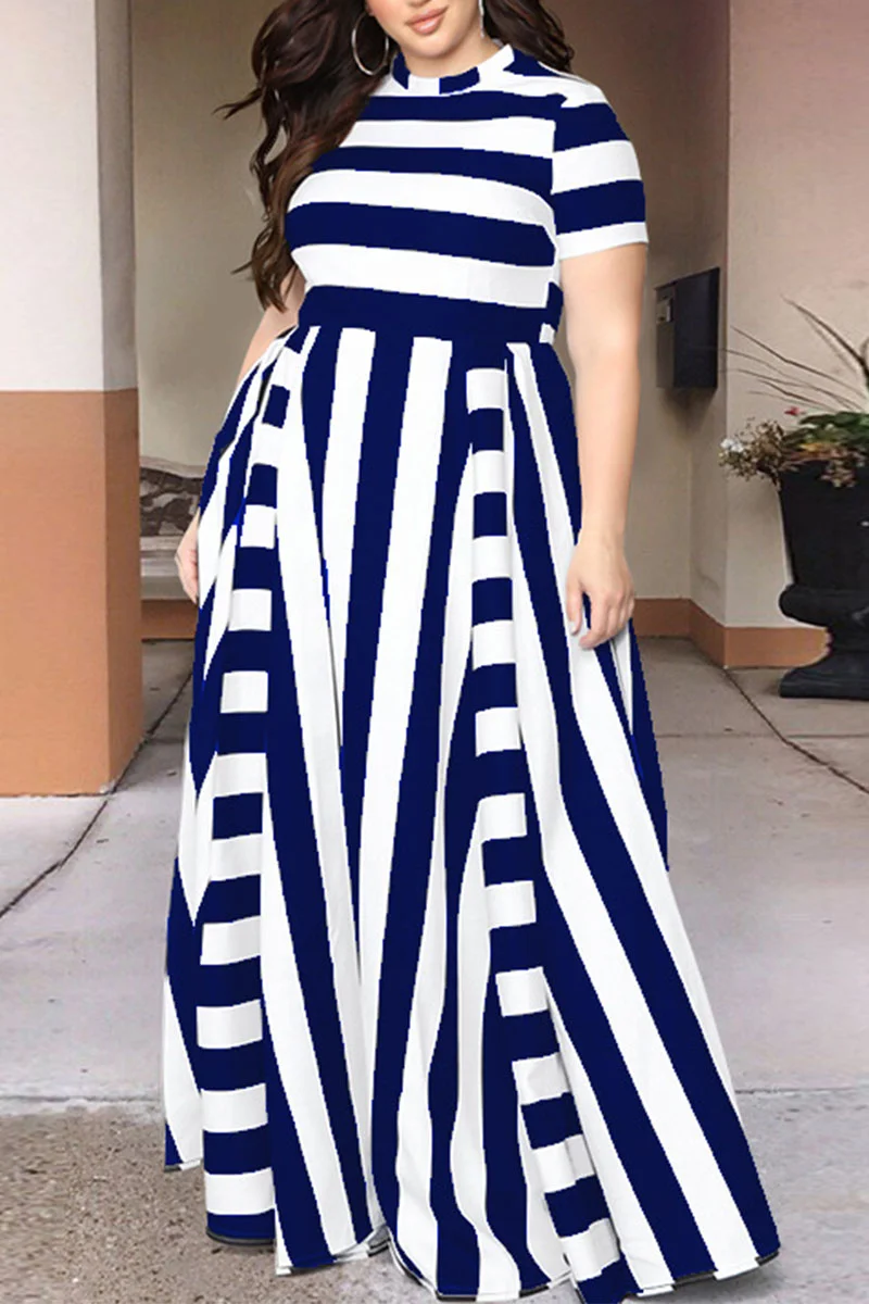 Tibetan Blue Sexy Striped Split Joint O Neck Plus Size