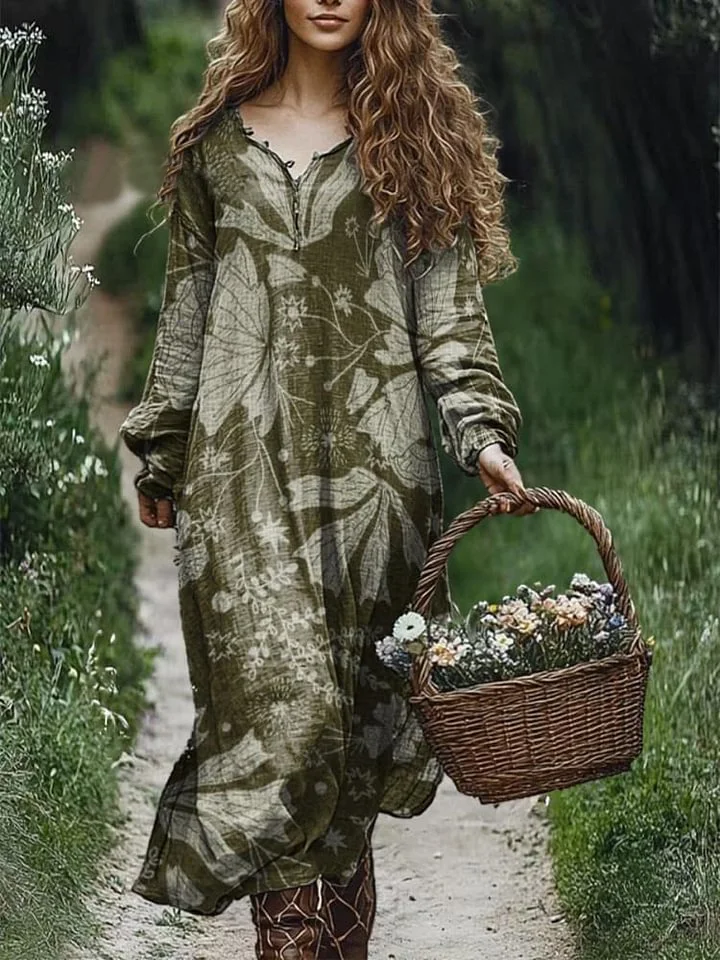 Women's Long Sleeve Solid Color Print Pocket Cotton Midi Dress