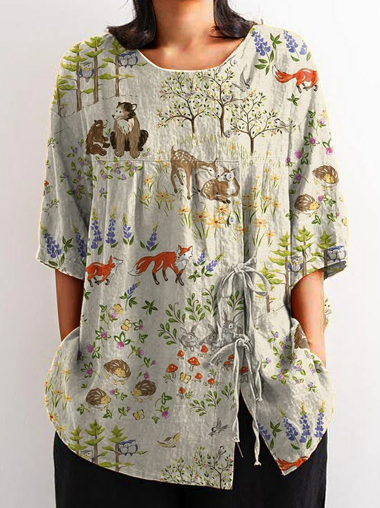 Women's Vintage Lovely Floral Animals Art Print Casual Cotton And Linen Shirt