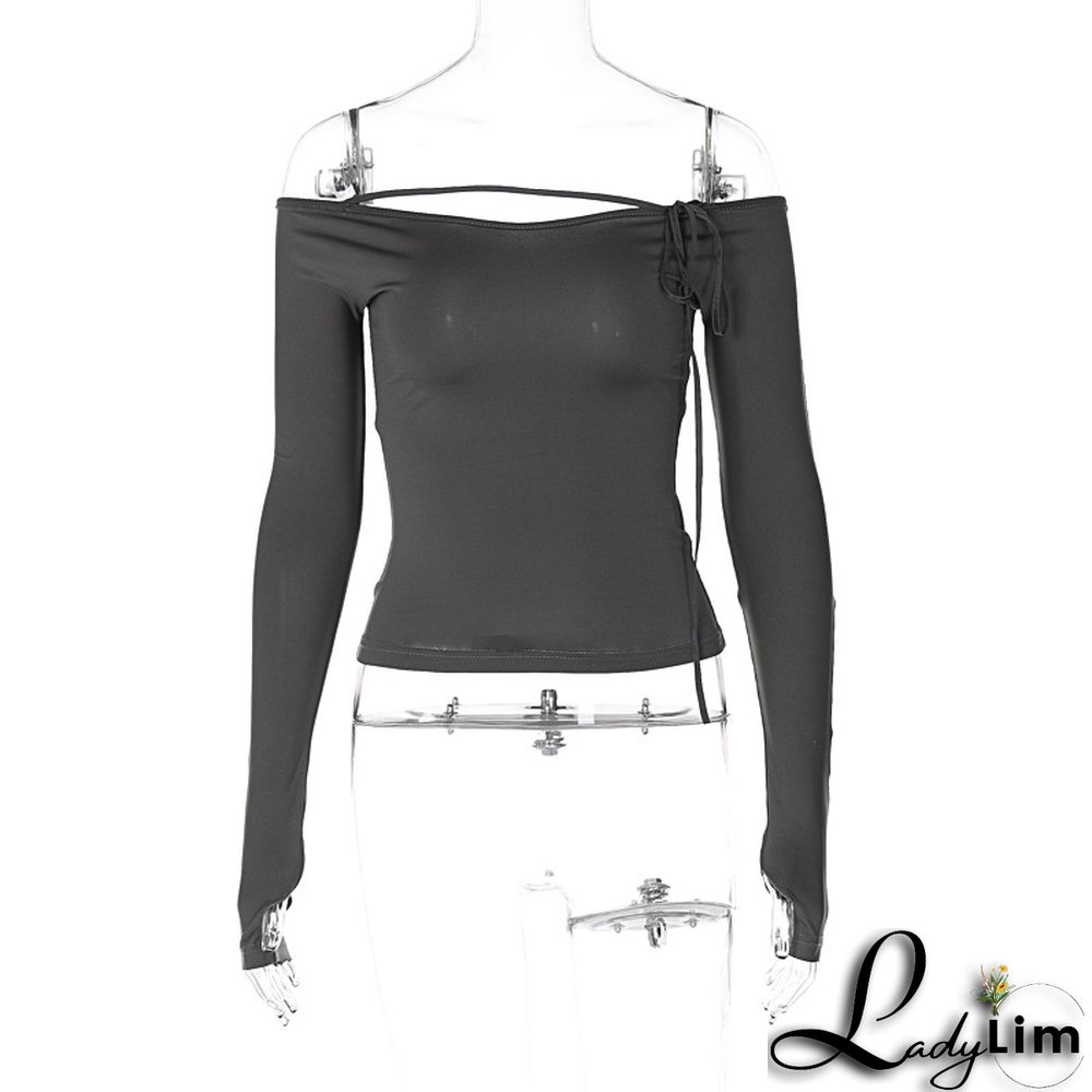 Spring Ladies Off Shoulder Fashion Street Slim Fit Basic Shirt T-Shirt Tops