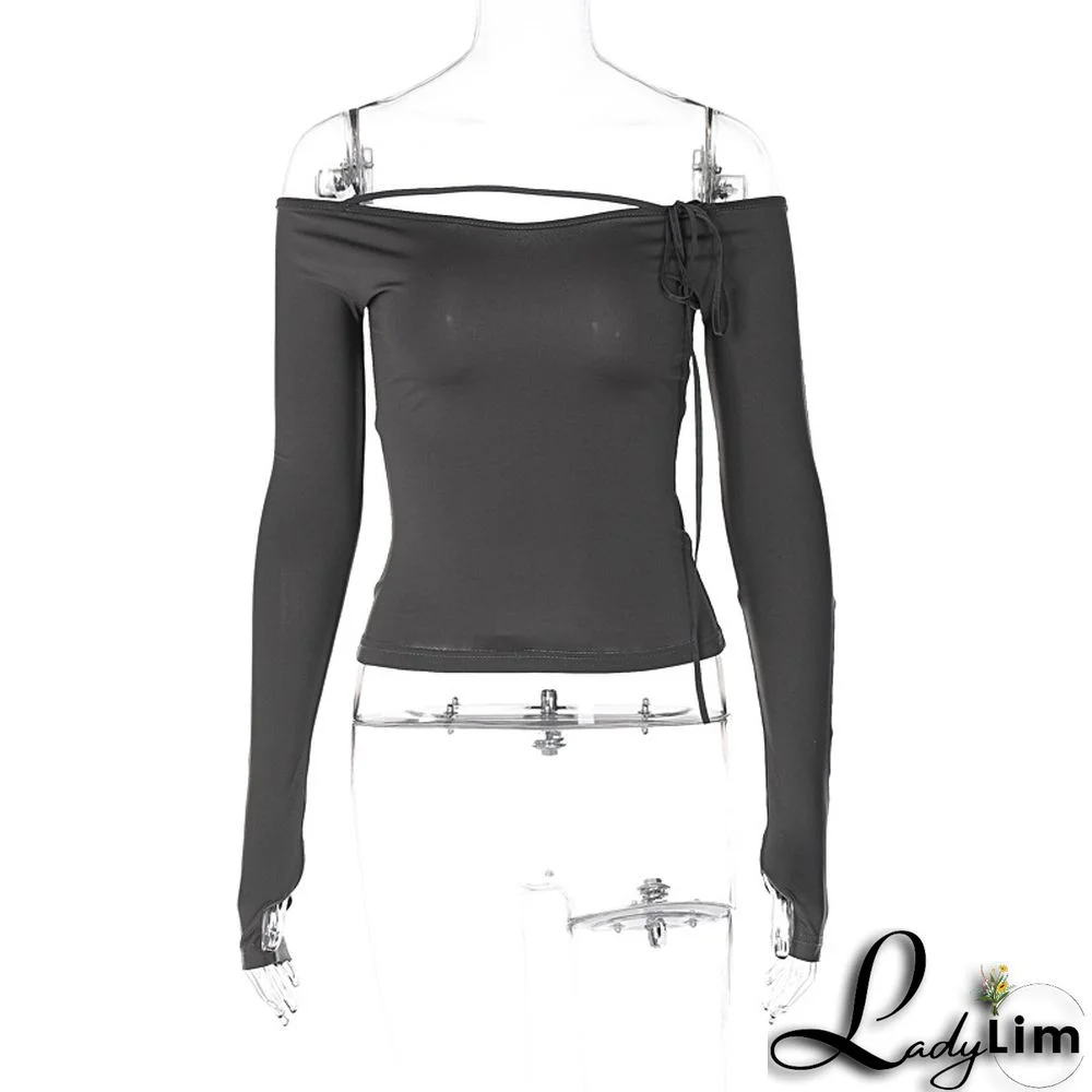Spring Ladies Off Shoulder Fashion Street Slim Fit Basic Shirt T-Shirt Tops