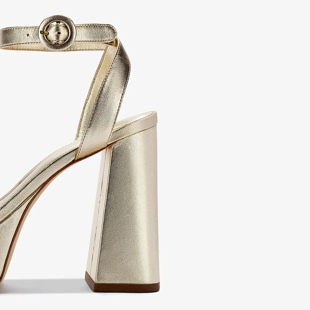 Round Toe Ankle Strap Buckle Platform Chunky Heel Gold Sandals