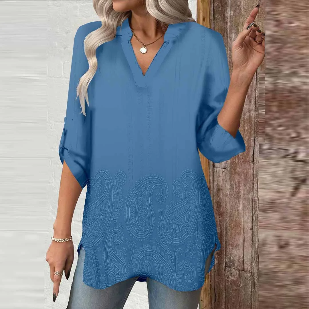 Women Blue, Floral, Retro DZGA0533 3/4 Sleeve V-neck Printed Graphic Button Tops