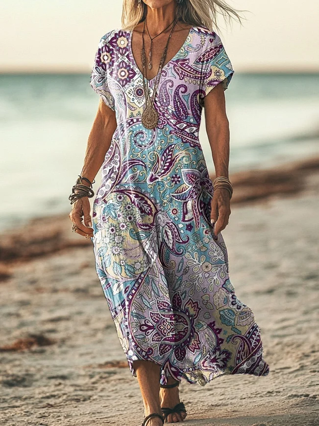 Women's Floral Print Round Neck Sleeveless Pocket Linen Dress