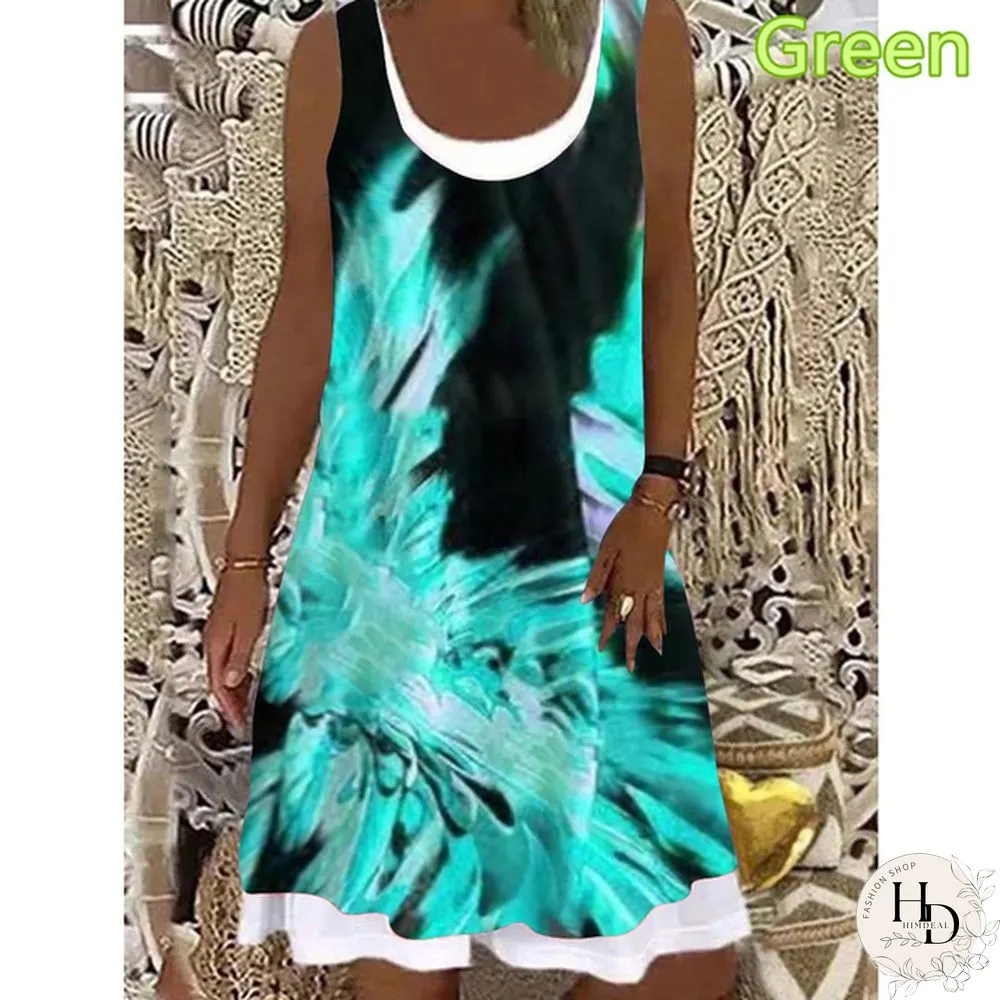 Womens dress summer new fashion flame fake two-piece printed casual sleeveless Round-neck