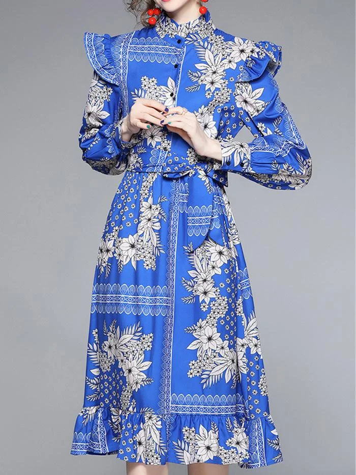 Elegant Floral Print Stand Collar Ruffle Dress