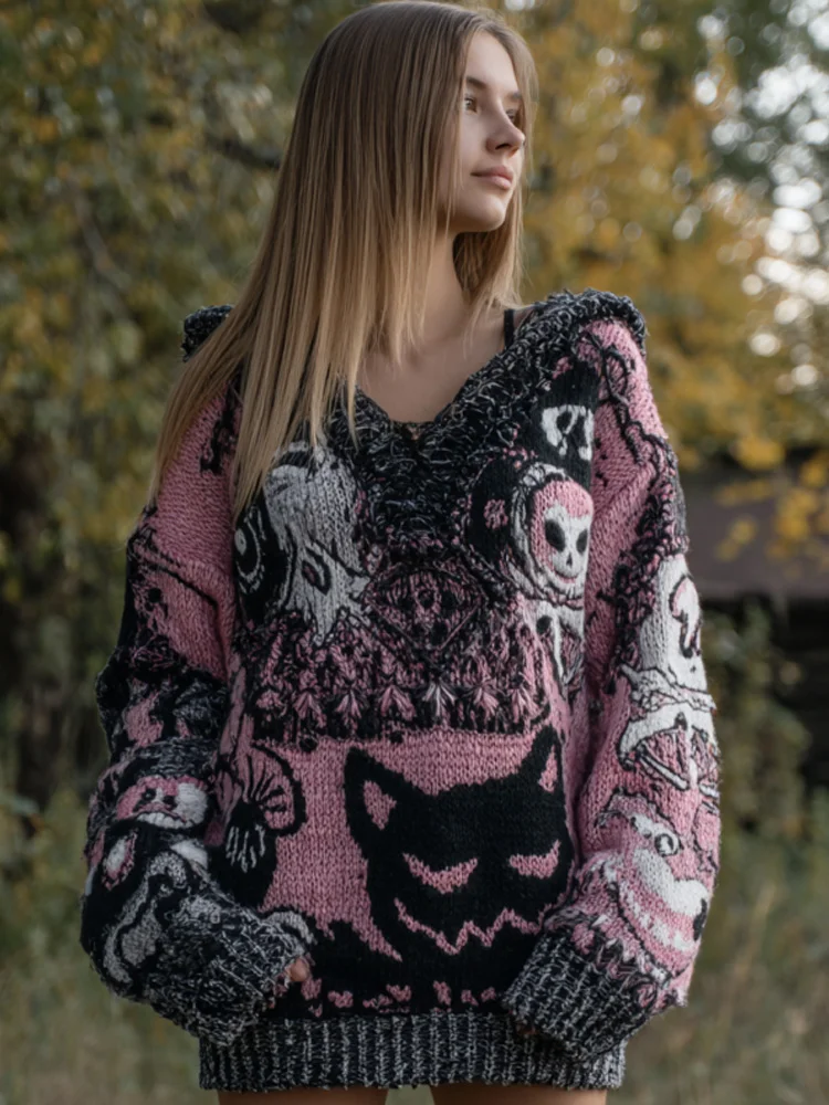 Women's Vintage Halloween Black Cat Knit Hoodie Sweater