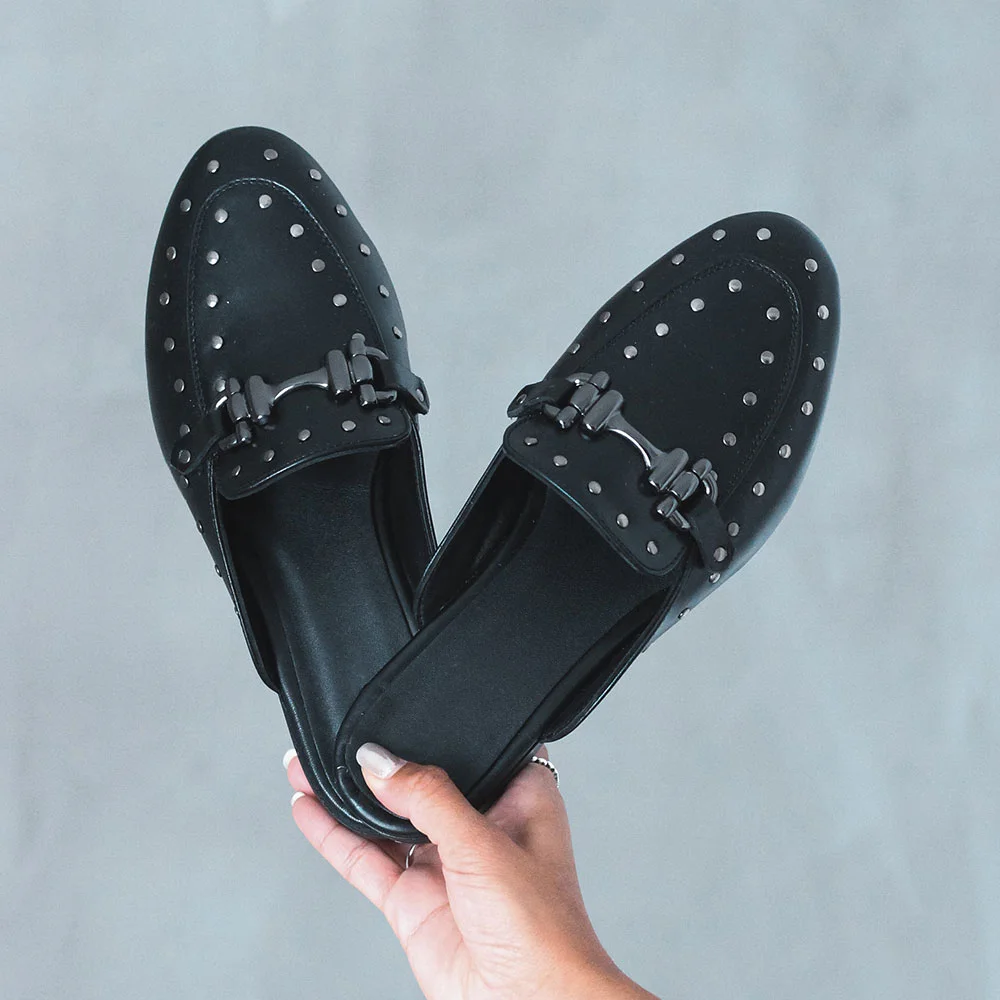 Classic Black Faux Leather Round Toe Silver Studded Mules Shoes