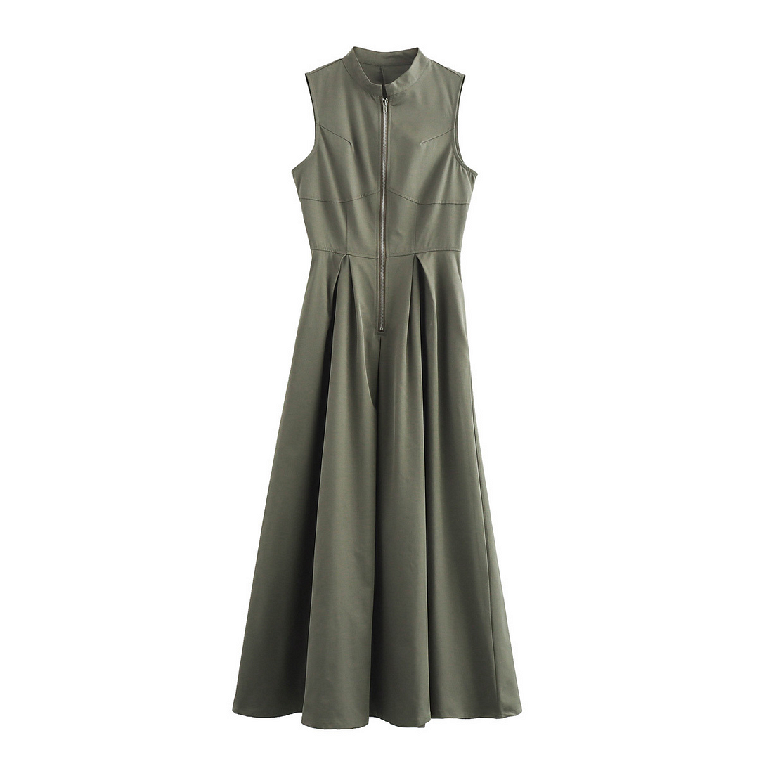 Women Fashion Round Collar Sleeveless Pleated Slim Elegant Solid Half Zipper A-line Maxi Dress