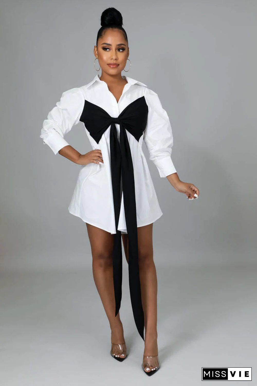 Long Sleeve Turn Down Collar Bow Tie Shirt Dresses