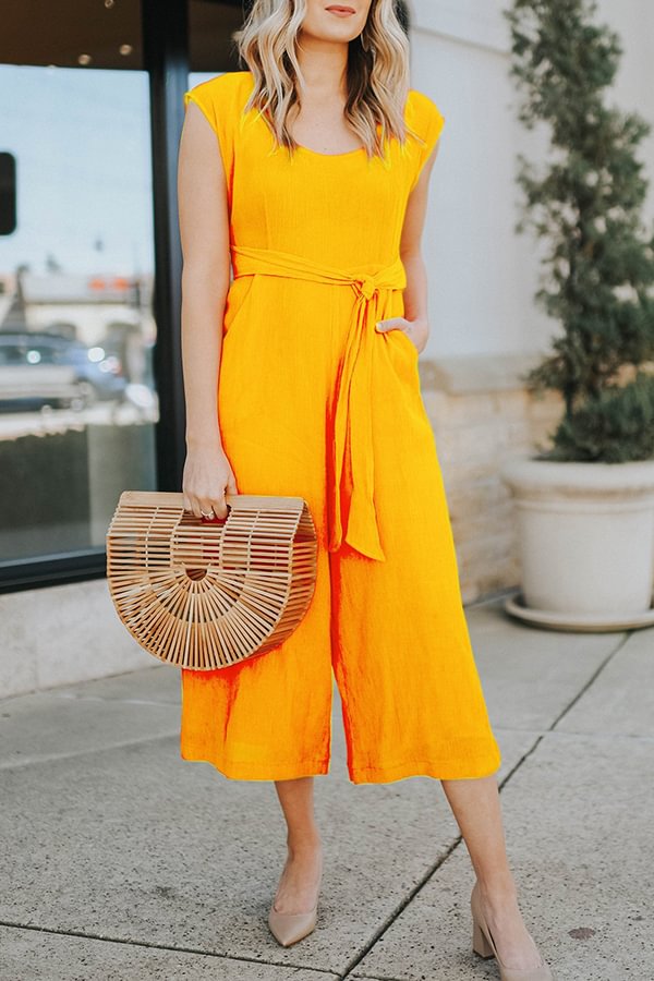 Comfortable Loose Tie Round Neck Cropped Jumpsuit