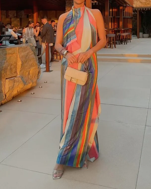 Halter Neck Striped Print Dress