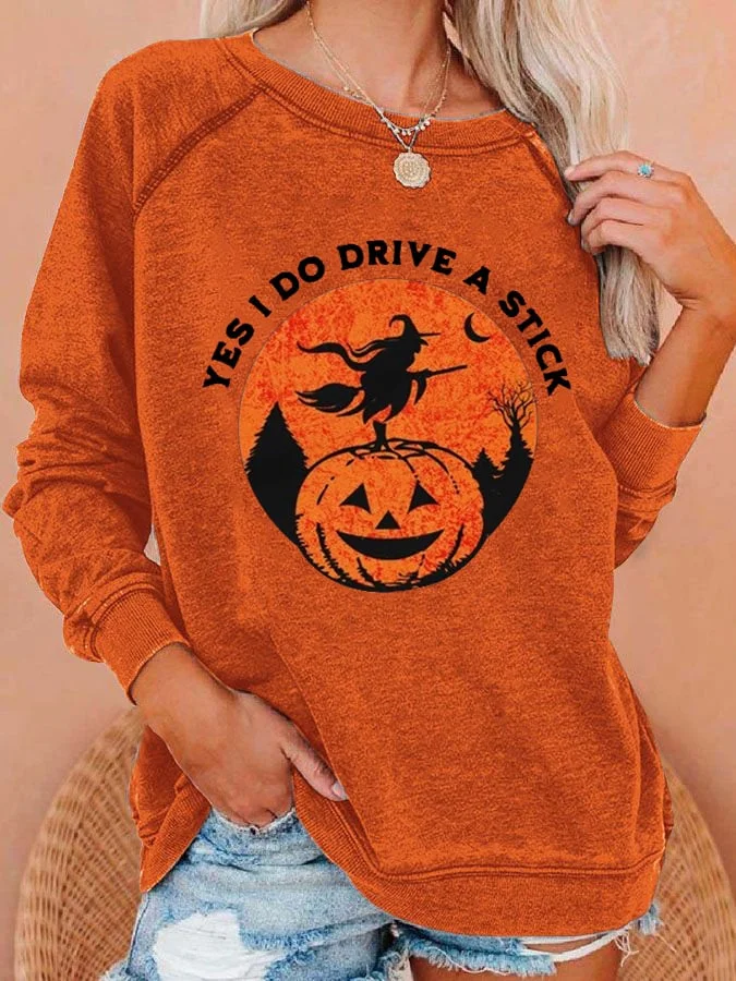 Women's Yes I Do Drive A Stick Witch Print Casual Sweatshirt