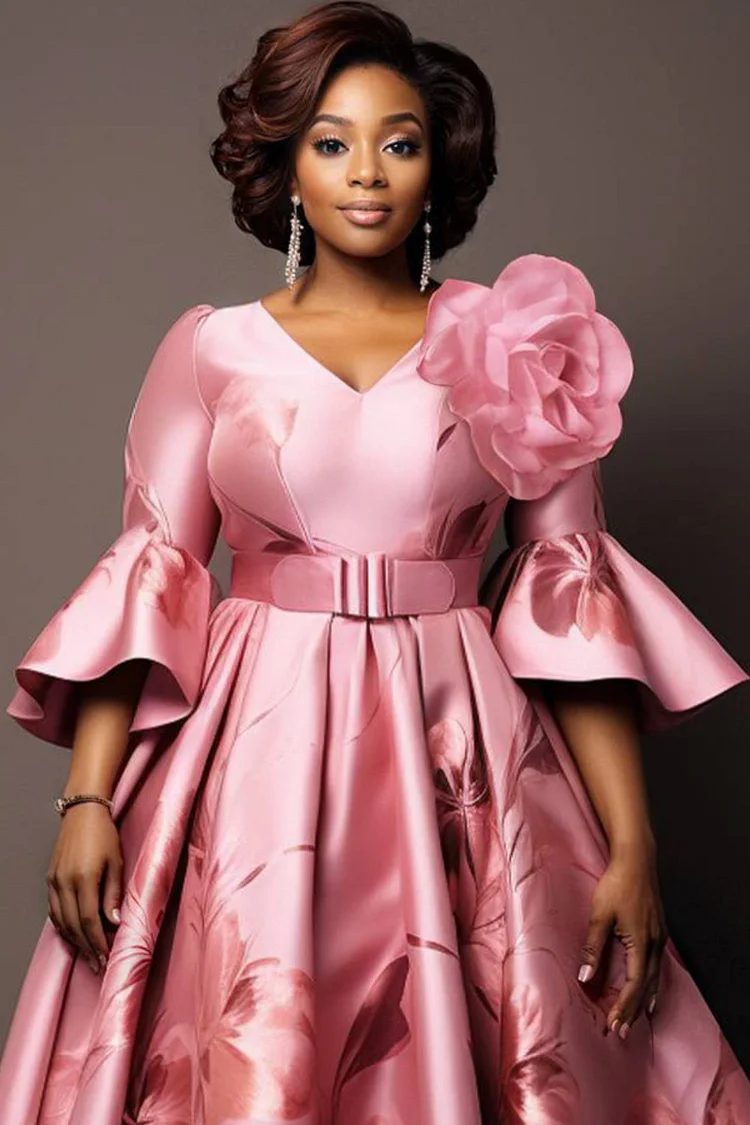 Xpluswear Design Plus Size Formal Casual Pink Floral V Neck Flare 3D Midi Dresses [Pre-Order]
