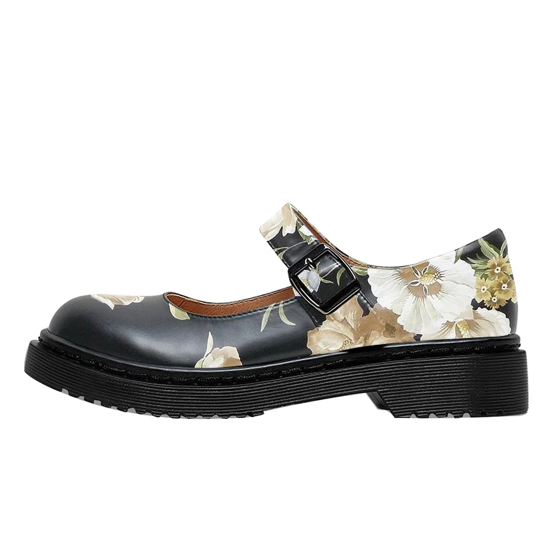 Black Vegan Leather Round Toe Colorful Floral Printed Mary Janes 