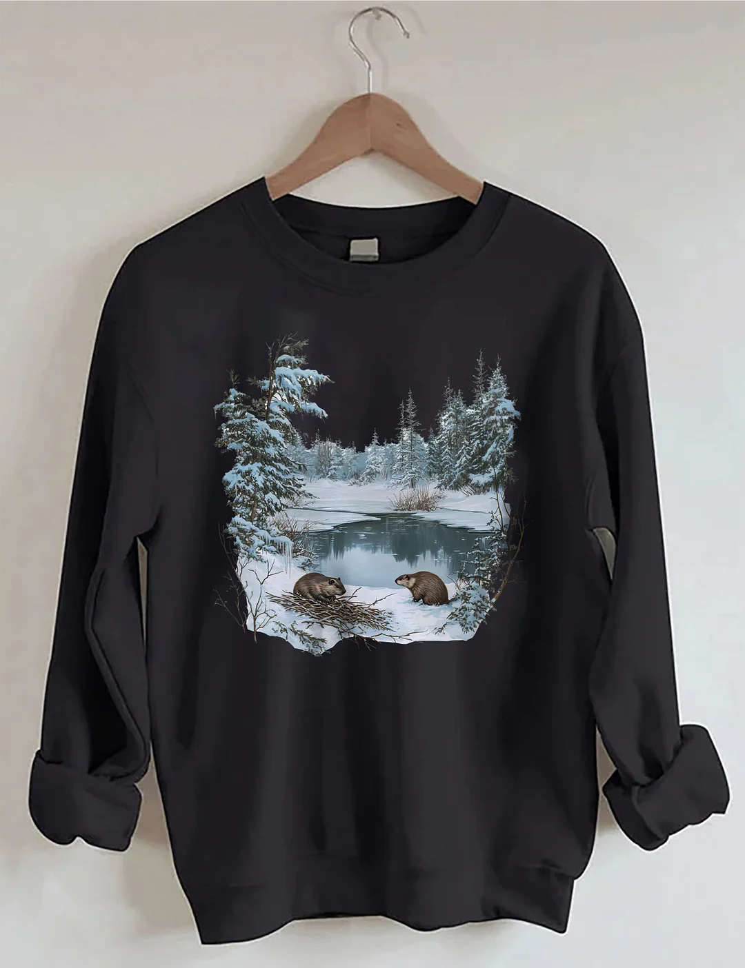 Beavers Winter Pond Snowy Scene Sweatshirt
