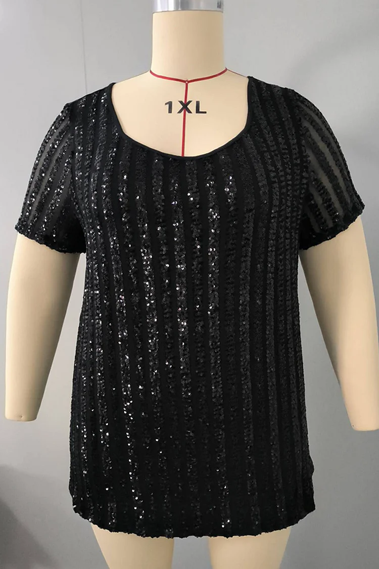 Plus Size Casual Sparkly Stitching V Neck Short Sleeve Blouse  Flycurvy [product_label]