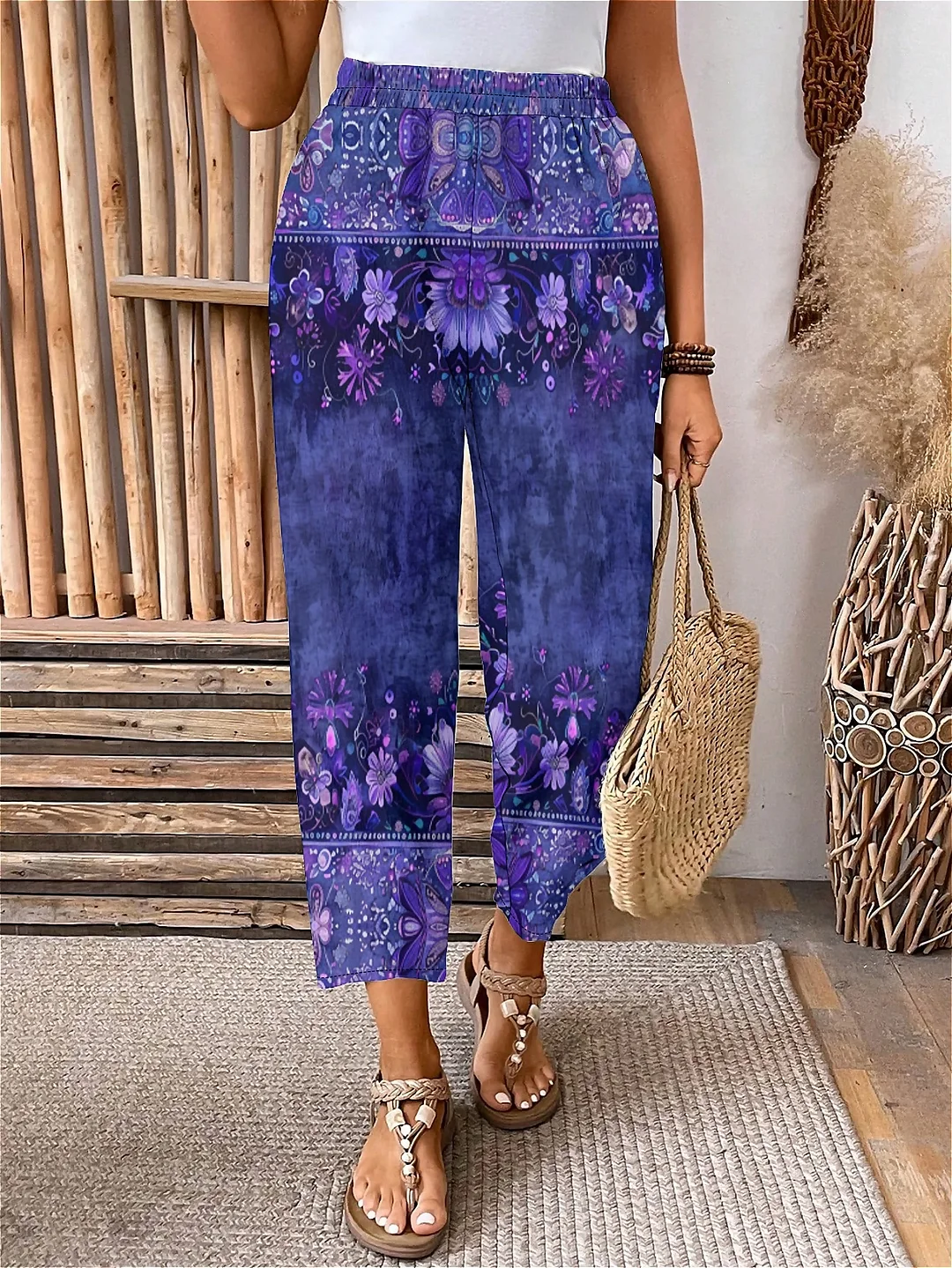 Plus Size Elastic Waist Purple,Floral,Bohemian Printed Pants