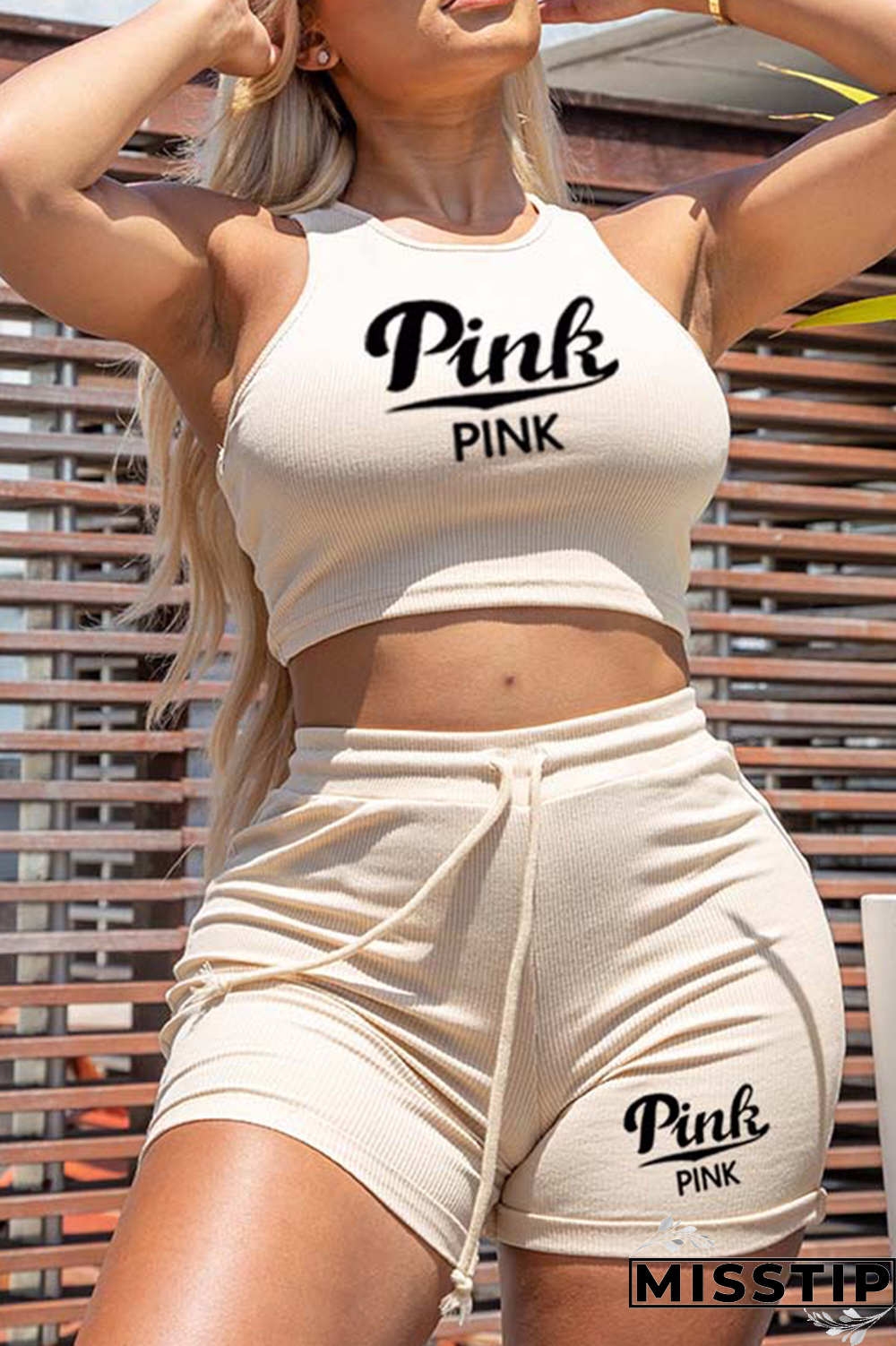 Pink Casual Print Patchwork O Neck Sleeveless Two Pieces
