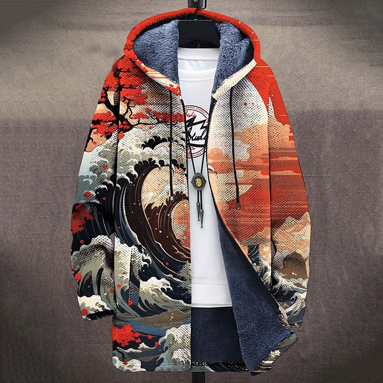 Japanese Waves Art Print Zip Comfort Plush Hooded Coat