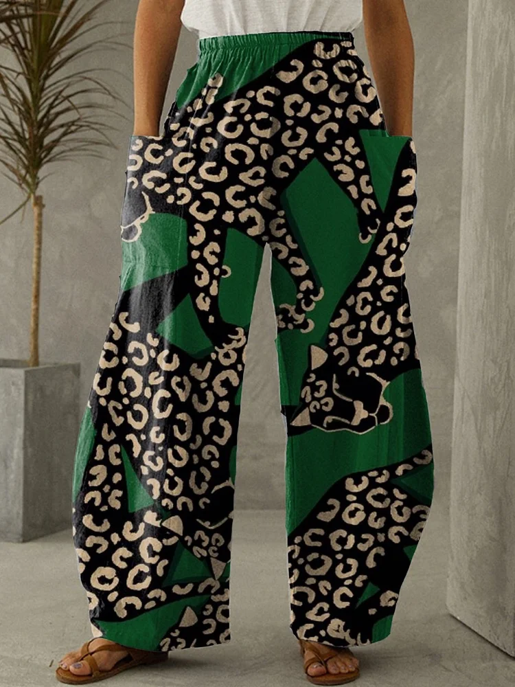 Women's Green Cheetah Leopard Print Elastic Waist Wide Leg Pants Trousers Casual Pants socialshop