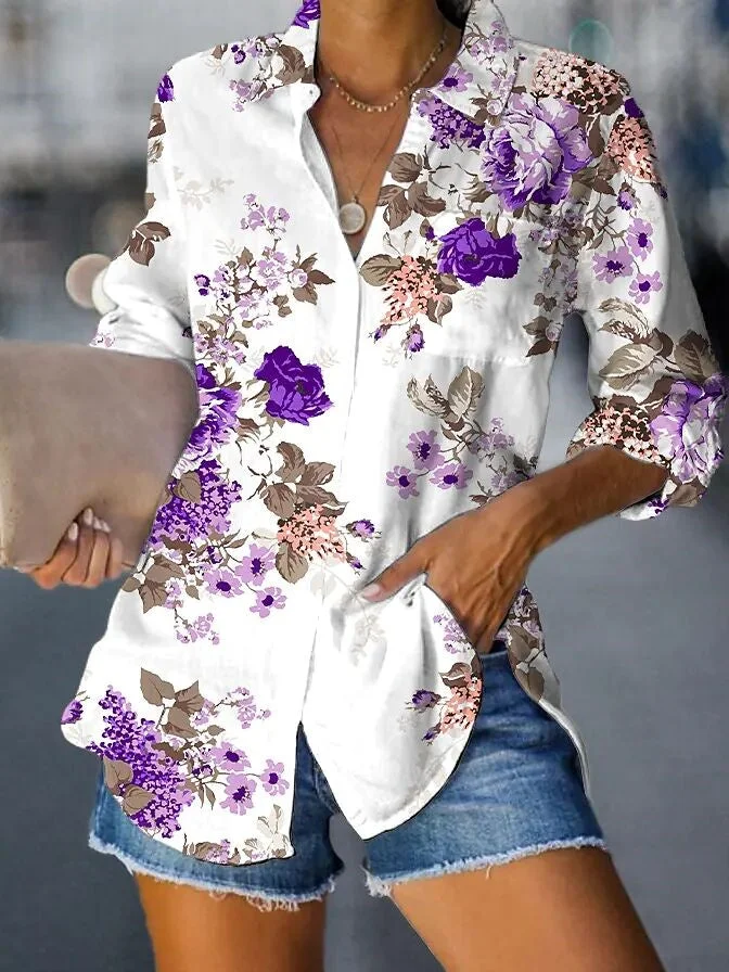 Women plus size clothing Women T-shirt Neck Long Sleeve Floral Printed Tops-Nordswear