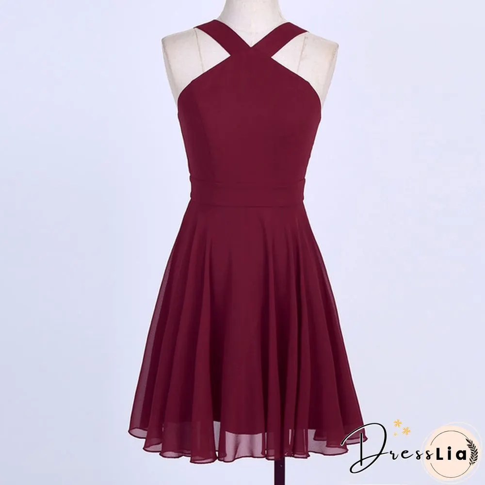 Women Ladies Chiffon Criss-cross Shoulder Straps Bridesmaid Short Dress Evening Prom Gown