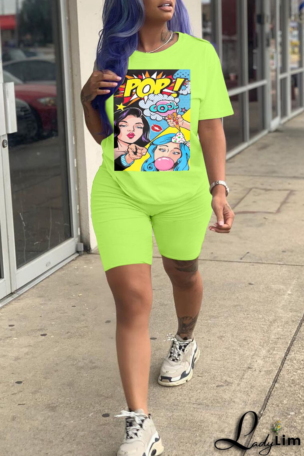 Fluorescent Green Fashion Casual Print Basic O Neck Short Sleeve Two Pieces