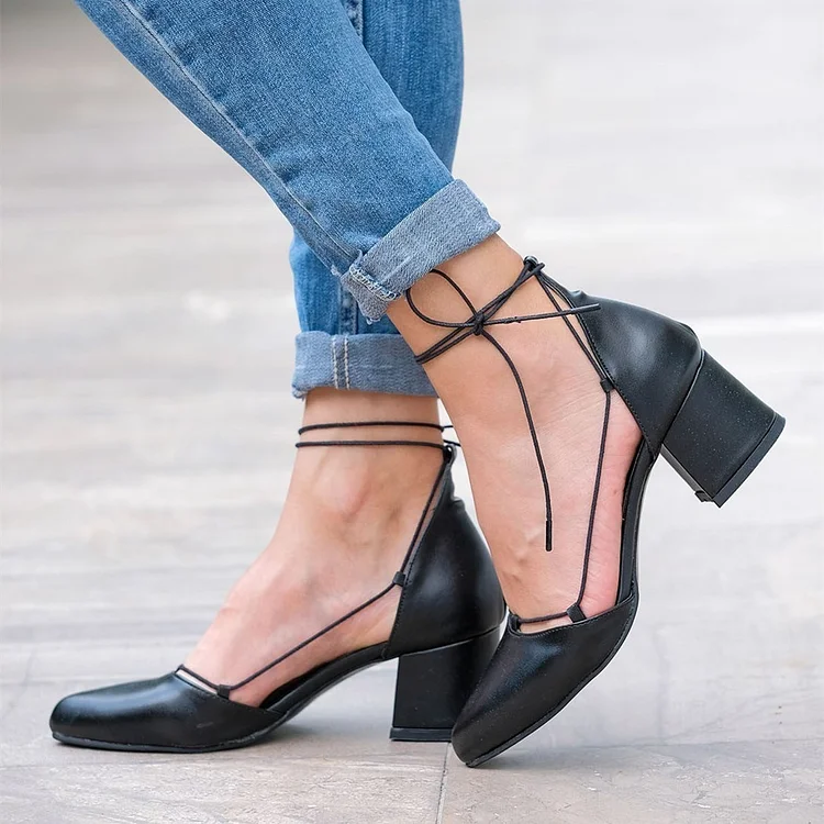 Black Chunky Heel Pointed Toe Lace up Ankle Strap Pumps |FSJ Shoes