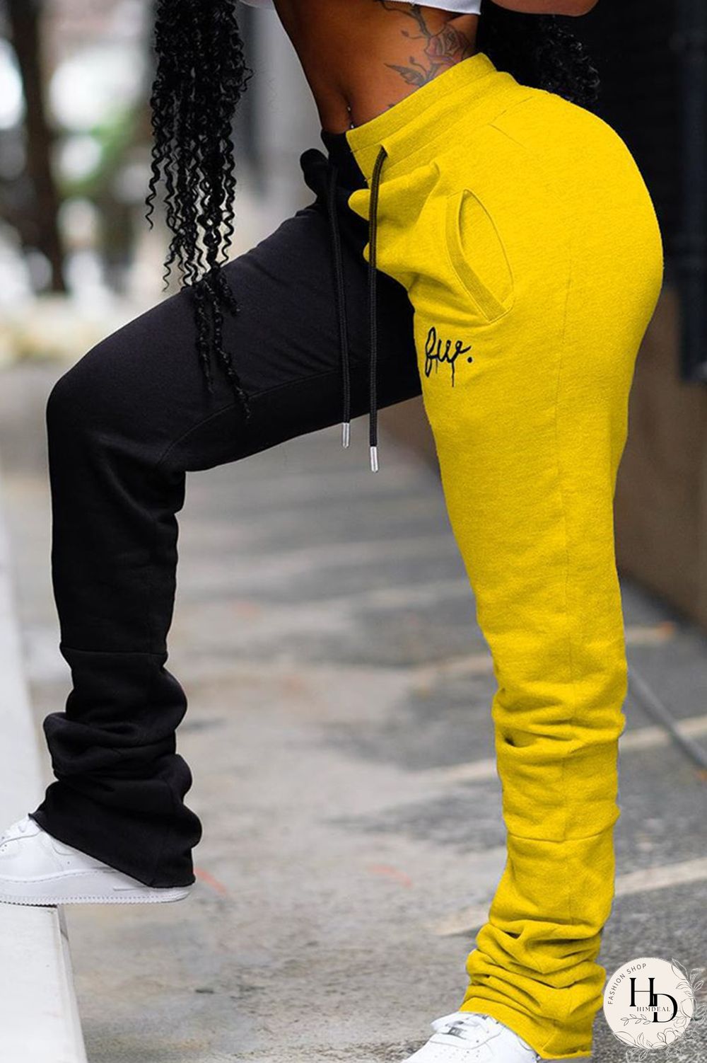 YellowBlack Fashion Casual Mid Waist Trousers