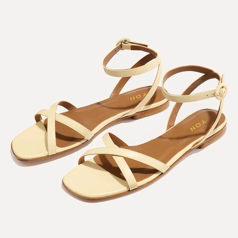 Light Yellow Open Square Toe Ankle Strap Flat Sandals for Women