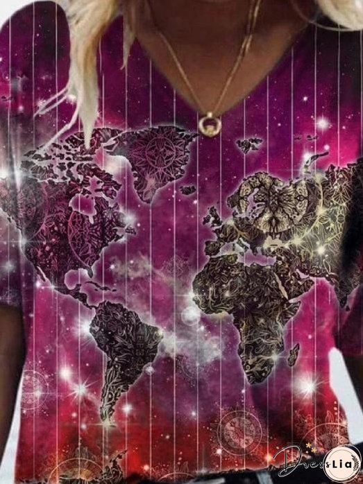 Fashion Map Printed V-neck Short-sleeved T-shirt for Women