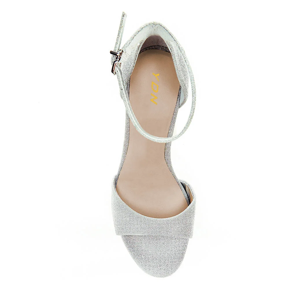 Silver Glitter Stiletto Heel Ankle Strap Platform Sandals for Women