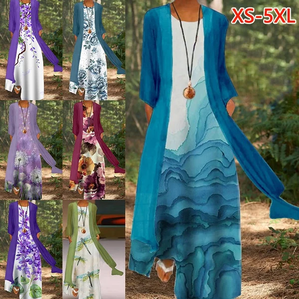 New Styles Women Summer Fashion Long Dress Two Pieces Printed Dress Elegant Sun Protection Cardigan Shawl Casual Loose Maxi Dresses Party Dress Plus Size