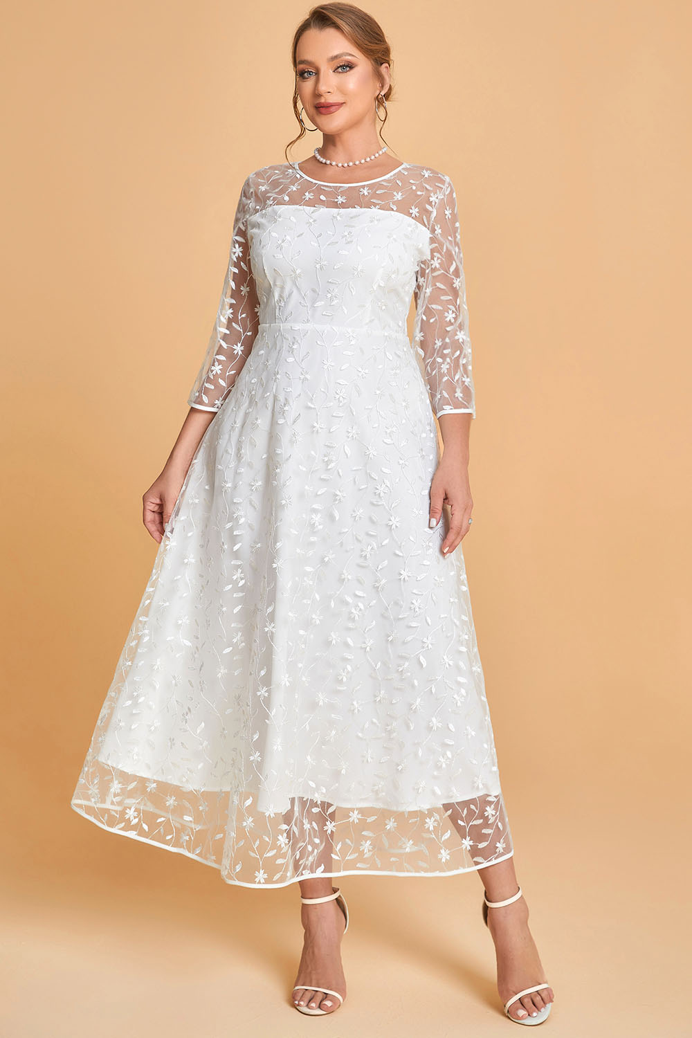 Flycurvy Plus Size Mother Of The Bride White Mesh Plant Embroidery See-Through Tea-Length Dress 2024 - Flycurvy 