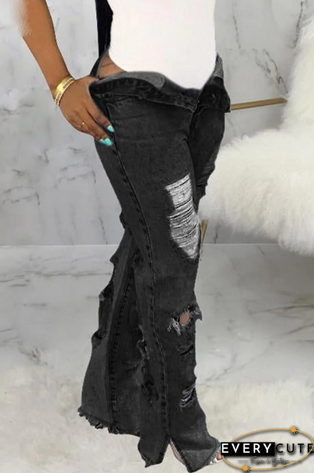 Hole Distressed Denim Slit Jeans