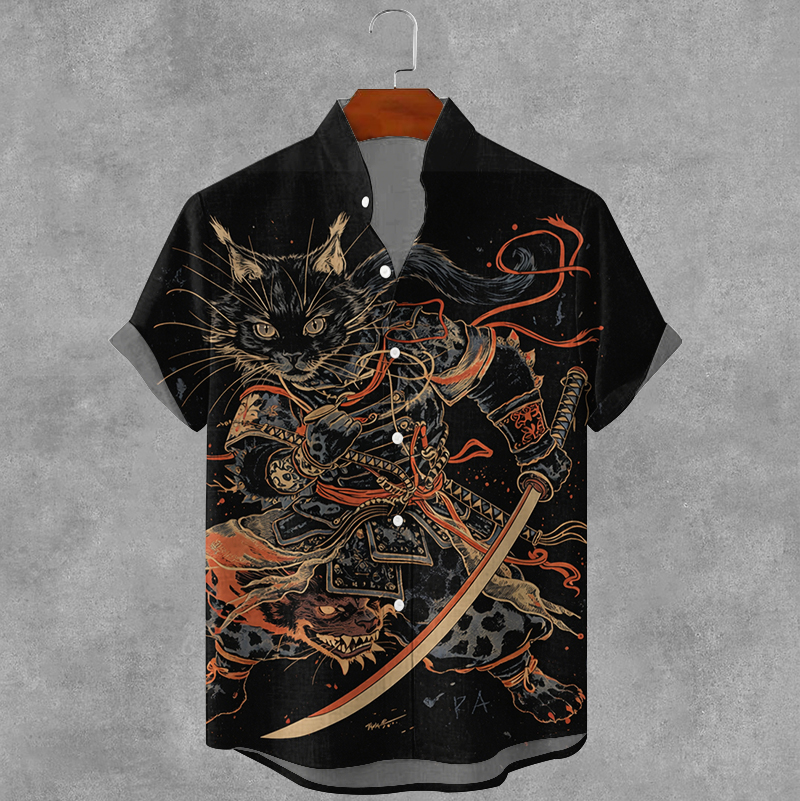Comstylish Men's Vintage Japanese Cat Art Print Casual Shirt