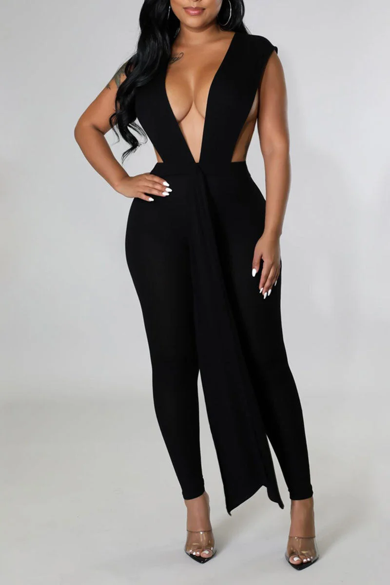 Sexy Solid Split Joint Backless Asymmetrical V Neck Regular Jumpsuits